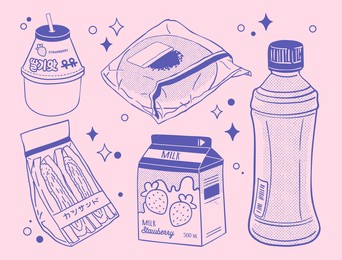 various asian food in two colors. text on the bottle means 'strawberry milk', bun, text on the sandwich means 'cutlet sandwich'. hand drawn vector set. all elements are isolated