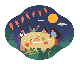 mid autumn festival design. flat illustration of people having outdoor family reunion under full moon night