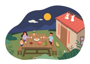 mid autumn festival family reunion. flat illustration of family having reunion on holiday and two jade rabbits sitting on tiled rooftop watching moon at night