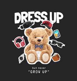 dress up slogan with cute bear paper doll and fashion items vector illustration on black background