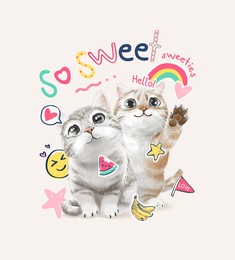 so sweet slogan with cute cats couple and colorful icons vector illustration