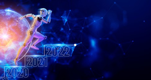 2022 new year robot technology futuristic modern background. 3d android robot runs across 2021 to 2022 cyberspace background