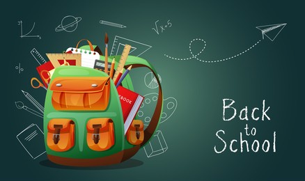 back to school banner, poster. school bag with school supplies on the background of a chalkboard with different scientific icons. vector illustration
