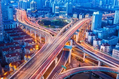 beautiful city interchange closeup at shanghai yanan west road in nightfall 