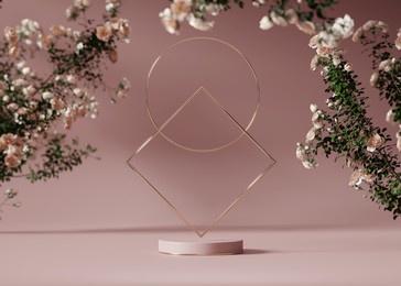 3d background pink podium display. nature rose flower blossom. feminine summer and spring pastel pedestal showcase round frame for beauty product, cosmetic promotion. abstract garden mockup 3d render