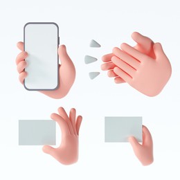 3d cartoon hand gestures icons set on isolated white background. 3d render illustration