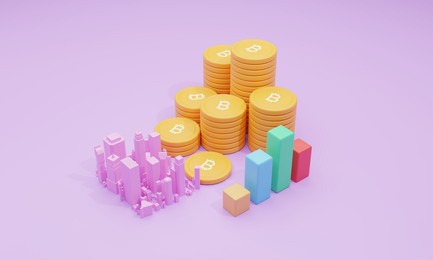 currency exchange. lots of bitcoins and colored bar charts. near the pink simulation city, concepts, online trends, financial business and crypto. 3d render. illustration.