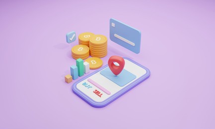 trading online money transfer payments convenient and fast online payment on a purple background mobile banking concept. 3d illustration. 3d rendering