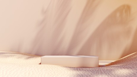 premium podium, showcase on pastel background with shadows, natural stones and beach sand. mock up for the exhibitions,presentation of products, therapy, relaxation and health -3d render.
