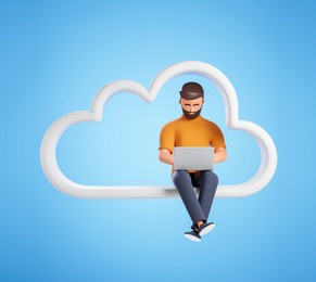 cartoon casual beard man working with laptop on the cloud over blue background. big data cloud technology concept. 3d render illustration.