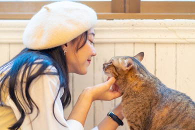 young asian woman sitting on floor playing and stroking adorable cat with happiness. pretty girl enjoy indoor lifestyle with friendly cat at home. pet and owner friendship and relationship concept