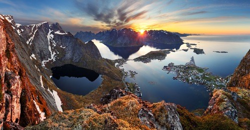 nature panorama mountain landscape at sunset, norway.