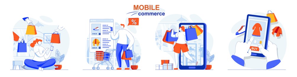 mobile commerce concept set. buyers make purchases in app, smart online shopping. people isolated scenes in flat design. vector illustration for blogging, website, mobile app, promotional materials.