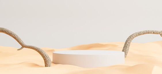 3d render of podium with desert background,branches for your product display