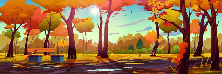 autumn landscape background, fall park or forest panorama, wooden bench with umbrella, multicolor trees and blue sky with bright sun, rays through leaves. squirrel on maple, foliage and water on roads