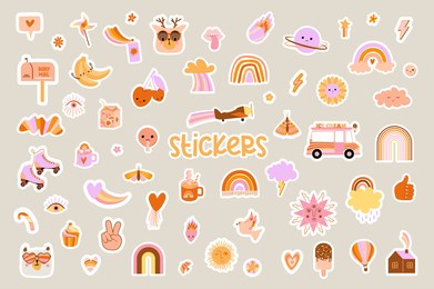 baby stickers with retro elements. retro 70's cartoon trendy image. vector hand drawn flat illustrations, cliparts, sings for planner and organizer. editable vector.