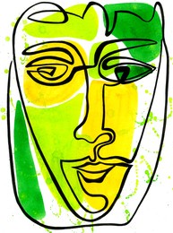 watercolor illustration, surreal face. combined with linear elements. unusual, adorable and hand-drawn illustration for your modern fashion design.