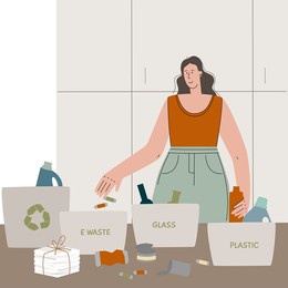 young woman sorts garbage at home for recycling, separates plastic, glass electronics. puts garbage in separate dumpsters, waste management, green sustainable development