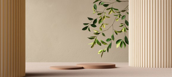 abstract minimal interior for cosmetic object placement, product display background with tree branch, 3d rendering scene