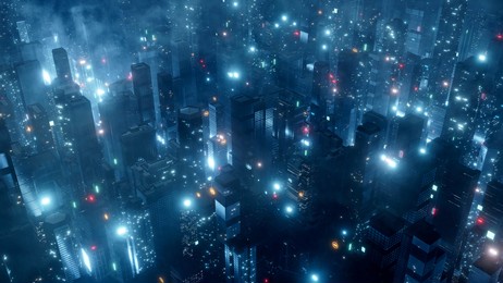 3d rendering of sci fi city aerial view. sky scrapper buildings with many glowing lights from led and advertising signs. for wallpaper, product background