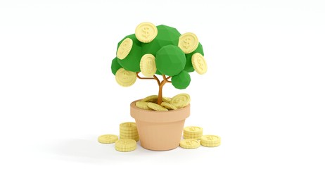 3d rendering concept of investment. money tree in a pot with coins on white background. 3d illustration. minimal cartoon style.