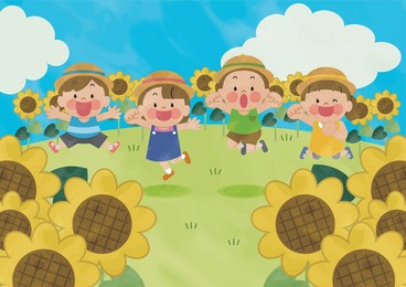 it is a character illustration of children jumping with a straw hat in a sunflower field.