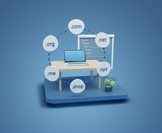 web design and development concept 3d illustration. 3d rendered online marketplace for web development. domain hosting realistic business poster design.