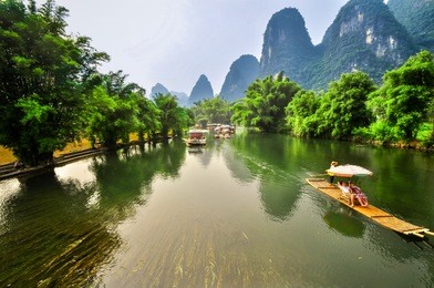 beautiful li river bamboo side karst mountain landscape in yangshuo guilin, china