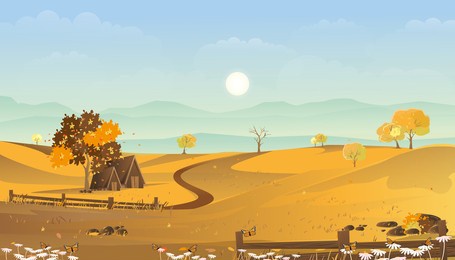autumn landscape with farmhouse, mountain, blue sky and cloud in village,rural fields with cottage at farmland in sunny day,cartoon vector illustration banner for fall season or autumnal background