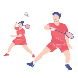 double team badminton player. athletes in uniform playing badminton. professional badminton players during sports match. colored flat vector illustration of isolated sportsman