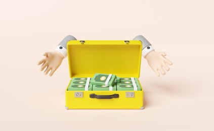 pile dollar banknote in yellow suitcase with cartoon character businessman hands isolated on cream color background,investment or business finance concept,3d illustration or 3d render