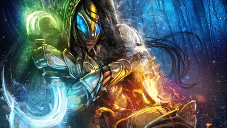 a dexterous shaman woman in a dynamic pose dodges an attack in the middle of an icy forest, in her hands double-sided daggers allow her to control all four elements: fire, earth, wind and water. 2d 