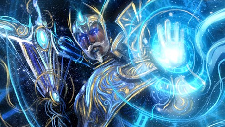 a great time magician in blue robes with golden patterns conjures a time spiral with one hand and holds a scythe staff in the other, he has a kind face with a mustache and glowing blue eyes . 2d 