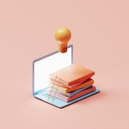 pile of colourful books laying on laptop computer. light bulb above. studying, education and e-learning concept. 3d illustration.
