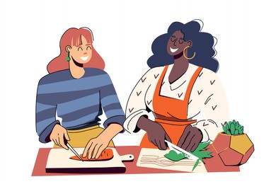 two young different beautiful women cut vegetables, cook together. a culinary master class or just a meeting of friends in a modern kitchen. vector illustration isolated on white background