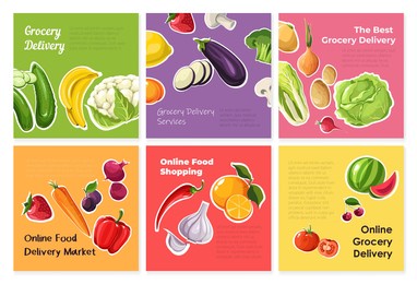 grocery food delivery set, vector illustration. healthy product delivery service, online market with fresh organic vegetable, collection. colorful banana, cucumber, eggplant, carrot and cabbage.