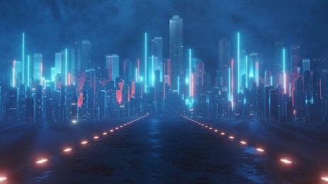 3d rendering of neon mega city with light reflection from puddles on street heading toward buildings. concept for night life,  business district center (cbd)cyber punk theme, tech background 