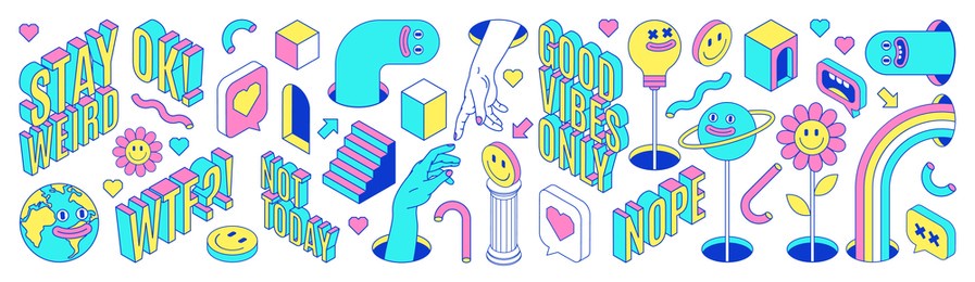 sticker pack of funny cartoon characters, words and quotes, emoji and surreal elements. vector illustration. big set of comic elements in trendy psychedelic weird cartoon style.