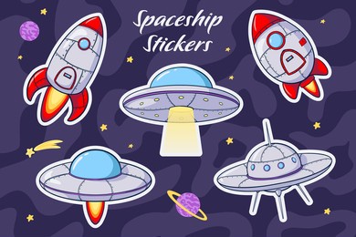 spaceship cartoon stickers set. collection of spacecraft and rocket isolated vector illustrations. ufo and shuttle for space flight and exploration design, galaxy computer and smartphone game