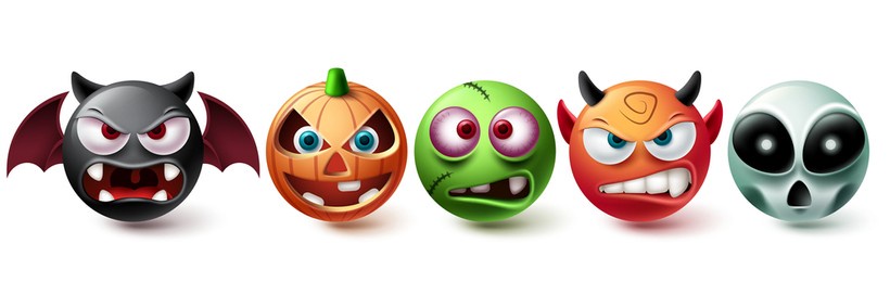 emoji halloween vector set. emojis halloween character graphic elements in creepy, horror and scary character collection isolated in white background. vector illustration
