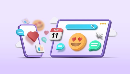 3d vector illustration social media platform, online social communication applications concept, emoji, webpage, search icons, chat with smartphone. 