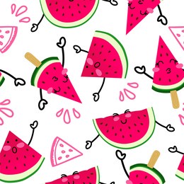 a pattern with cheerful watermelons on a white background. national watermelon day. use for a postcard, background, application on a fabric or souvenir products.