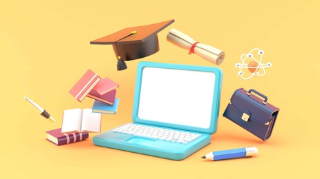 lapptop surrounded by graduate cap,graduation leaves, school bags, notebooks, stationery and atoms on orange background.education idea for illustration.-3d rendering.

