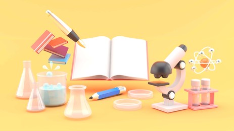 notebook surrounded by test tubes, microscope, atoms, books, notebooks and stationery on orange background.education idea for illustration.-3d rendering.
