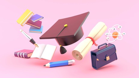 graduate cap surrounded by graduation leaves, school bags, notebooks, stationery and atoms on pink background.education idea for illustration.-3d rendering.
