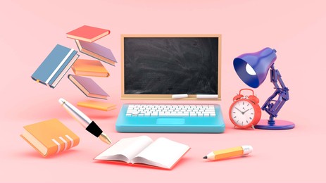 laptop chalkboard surrounded by notebooks, stationery, clocks and lanterns on a pink background.education idea for illustration.-3d rendering.
