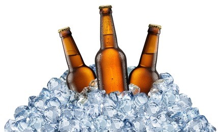three beer bottles getting cool in ice cubes. isolated on a white background. file contains clipping pats.