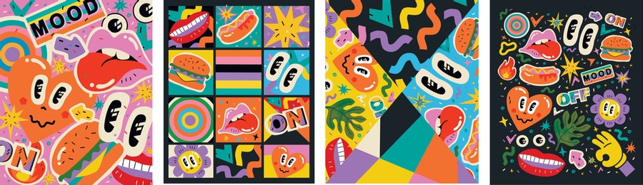 abstract shapes, funny comic cute characters and doodles. trendy modern illustration for poster, postcard or background