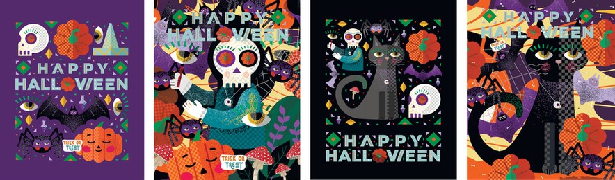 happy halloween! trick or treat. vector cheerful abstract illustration of halloween characters, skull, black cat, spider, bat, pumpkin, eyes. drawings for postcard, background and cover