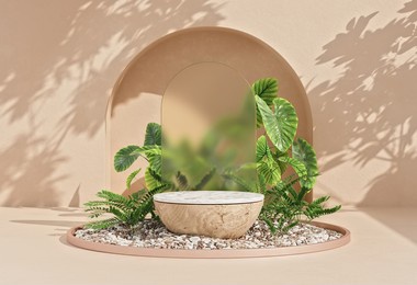 minimal summer cosmetic wooden product display podium background decorated with green leaves. cosmetics or beauty products promotion mock-up. 3d rendering.